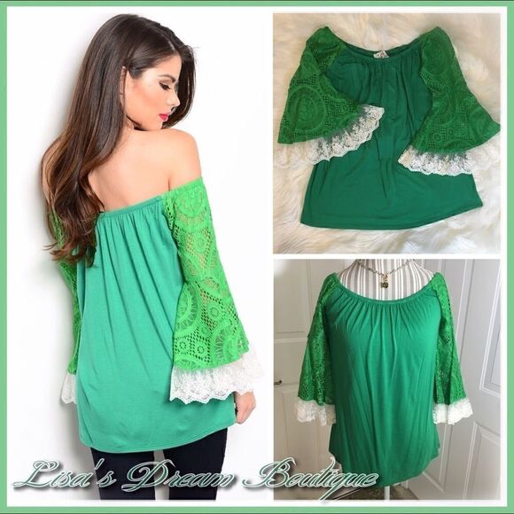 Final Price | Green and White Off Shoulder Crochet Bell Sleeve Lace Peasant Top - Picture 1 of 3